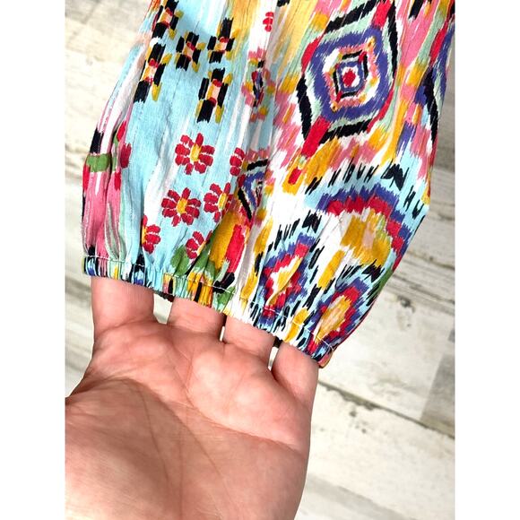 En Creme Womens S multicolor long sleeve aztec print square crop top blouse NEW - Picture 4 of 6